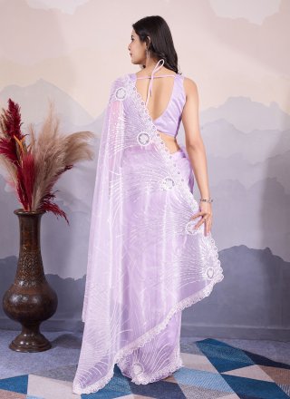 Embroidered and Sequins Work Net Contemporary Sari In Lavender