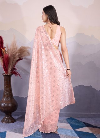Embroidered and Sequins Work Net Contemporary Sari In Peach for Engagement