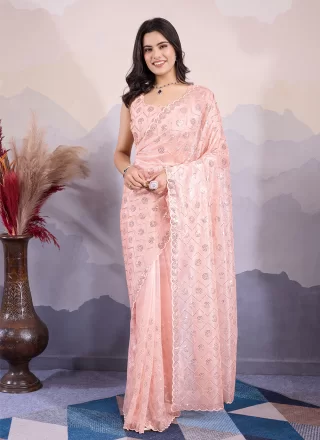 Embroidered and Sequins Work Net Contemporary Sari In Peach for Engagement