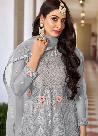 Embroidered and Sequins Work Net Floor Length Salwar Suit In Grey for Party