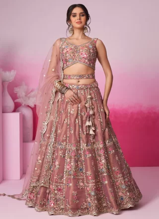 Embroidered and Sequins Work Net Lehenga Choli In Pink and Purple