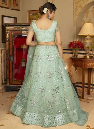 Embroidered and Sequins Work Net Lehenga Choli In Sea Green for Festival