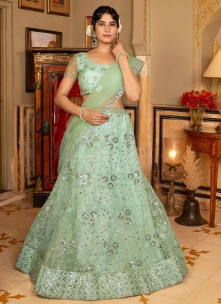Embroidered and Sequins Work Net Lehenga Choli In Sea Green for Festival