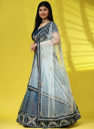 Embroidered and Sequins Work Net Readymade Lehenga Choli In Blue for Mehndi