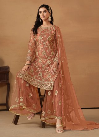 Embroidered and Sequins Work Net Salwar Suit In Brown
