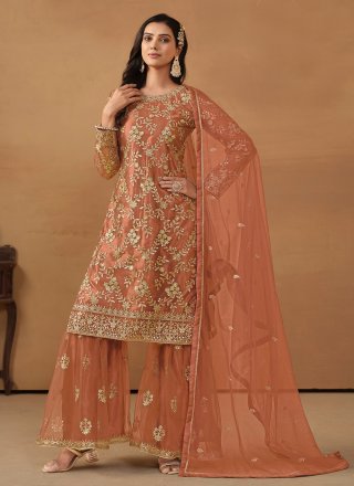 Embroidered and Sequins Work Net Salwar Suit In Brown