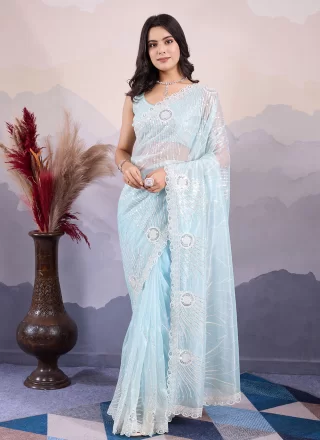 Embroidered and Sequins Work Net Traditional Saree In Aqua Blue