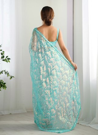 Embroidered and Sequins Work Net Trendy Saree In Aqua Blue for Ceremonial