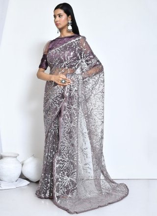 Embroidered and Sequins Work Net Trendy Saree In Purple for Ceremonial