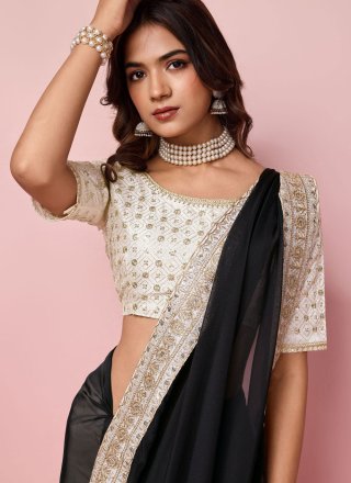Embroidered and Sequins Work Organza Classic Saree In Black for Ceremonial