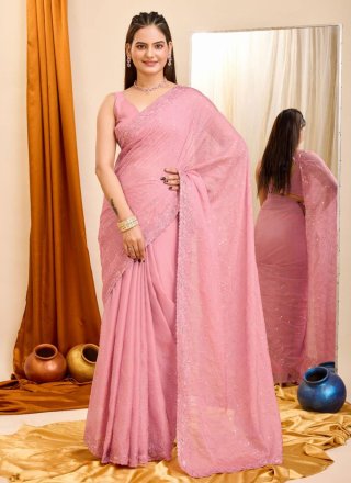 Embroidered and Sequins Work Organza Classic Sari In Pink for Ceremonial