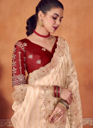 Embroidered and Sequins Work Organza Contemporary Sari In Cream