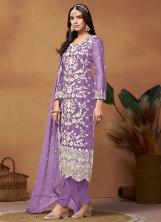 Embroidered and Sequins Work Organza Pant Style Suit In Purple