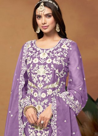 Embroidered and Sequins Work Organza Pant Style Suit In Purple