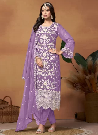 Embroidered and Sequins Work Organza Pant Style Suit In Purple