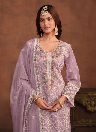 Embroidered and Sequins Work Organza Salwar Suit In Lavender