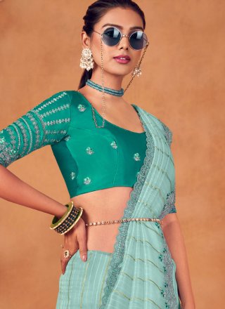 Embroidered and Sequins Work Organza Trendy Saree In Turquoise