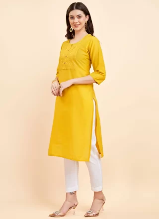 Embroidered and Sequins Work Polyester Designer Kurti In Mustard