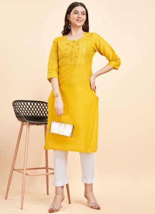 Embroidered and Sequins Work Polyester Designer Kurti In Mustard