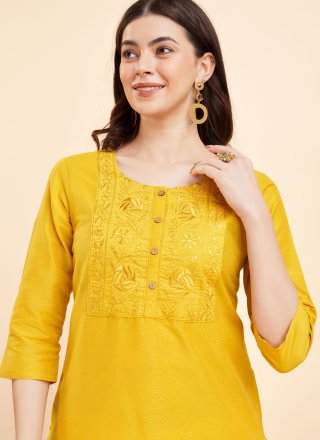 Embroidered and Sequins Work Polyester Designer Kurti In Mustard