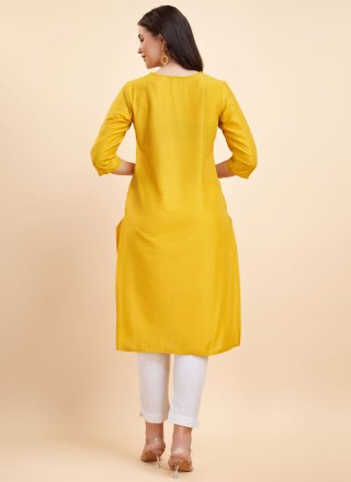 Embroidered and Sequins Work Polyester Designer Kurti In Mustard