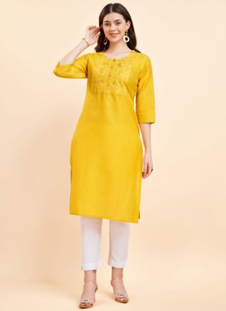 Embroidered and Sequins Work Polyester Designer Kurti In Mustard