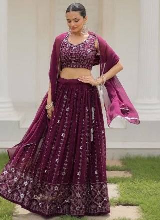 Embroidered and Sequins Work Pure Georgette Lehenga Choli In Purple