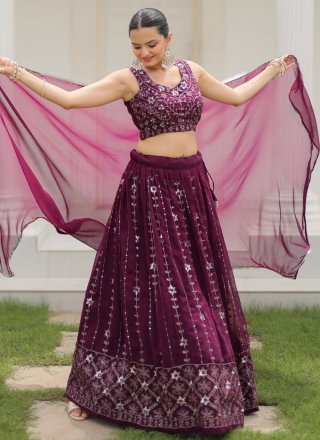 Embroidered and Sequins Work Pure Georgette Lehenga Choli In Purple