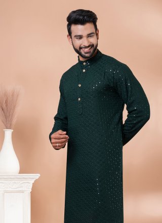 Embroidered and Sequins Work Rayon Kurta Mens Wear In Green for Casual