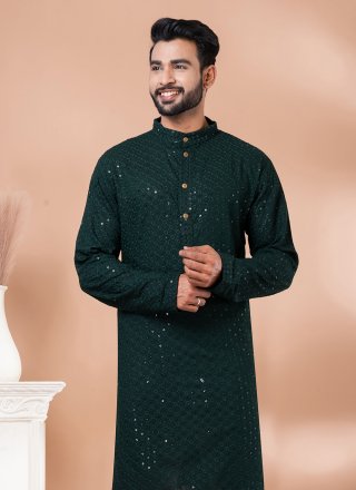 Embroidered and Sequins Work Rayon Kurta Mens Wear In Green for Casual
