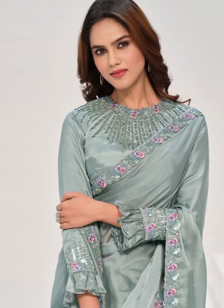 Embroidered and Sequins Work Satin Silk Traditional Saree In Grey for Ceremonial