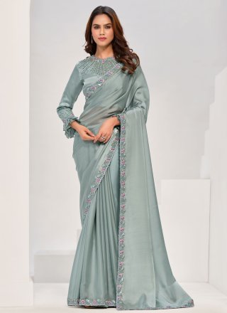 Embroidered and Sequins Work Satin Silk Traditional Saree In Grey for Ceremonial