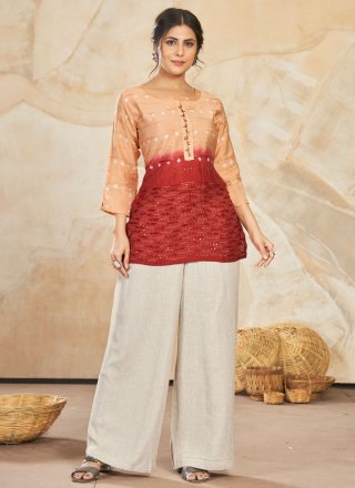 Embroidered and Sequins Work Silk Casual Kurti In Peach