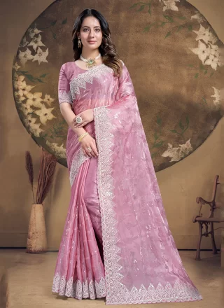 Embroidered and Sequins Work Silk Classic Saree In Pink for Ceremonial
