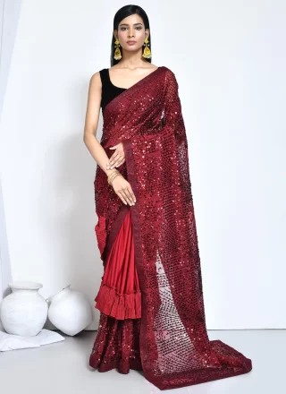 Embroidered and Sequins Work Silk Classic Saree In Red for Ceremonial