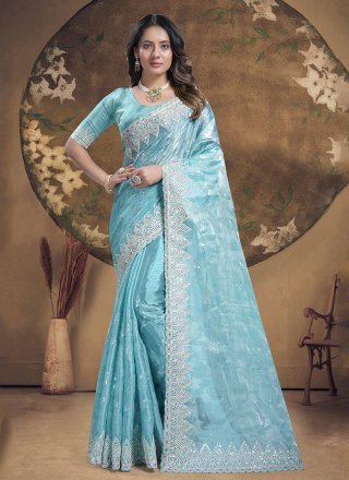 Embroidered and Sequins Work Silk Classic Sari In Aqua Blue for Ceremonial