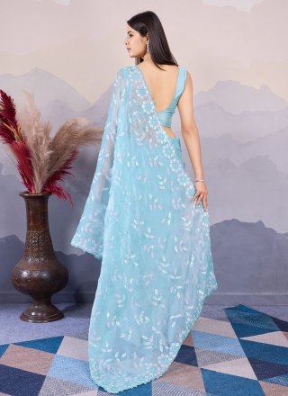 Embroidered and Sequins Work Silk Classic Sari In Aqua Blue for Ceremonial