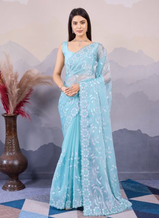 Embroidered and Sequins Work Silk Classic Sari In Aqua Blue for Ceremonial