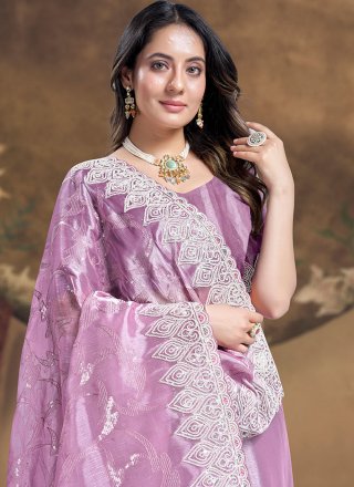 Embroidered and Sequins Work Silk Contemporary Sari In Lavender