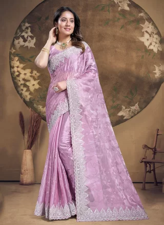 Embroidered and Sequins Work Silk Contemporary Sari In Lavender