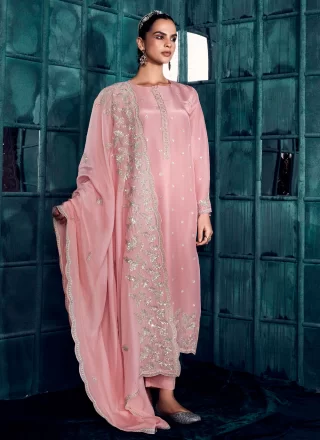 Embroidered and Sequins Work Silk Pakistani Salwar Suit In Pink for Ceremonial