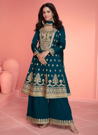 Embroidered and Sequins Work Silk Salwar Suit In Rama