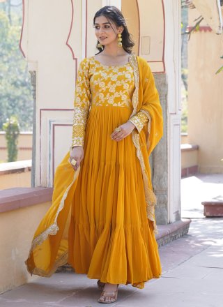 Embroidered and Sequins Work Viscose Gown In Yellow