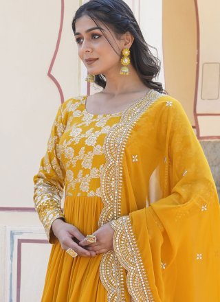 Embroidered and Sequins Work Viscose Gown In Yellow