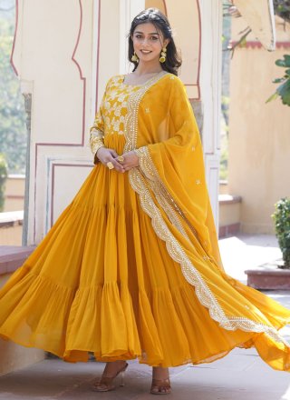 Embroidered and Sequins Work Viscose Gown In Yellow