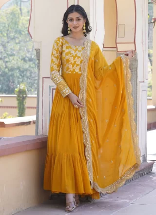 Embroidered and Sequins Work Viscose Gown In Yellow