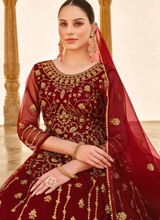 Embroidered and Stone Work Net Trendy Suit In Maroon for Engagement