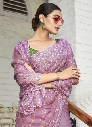 Embroidered and Stone Work Organza Classic Sari In Purple for Ceremonial
