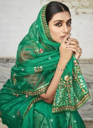 Embroidered and Stone Work Organza Trendy Saree In Green