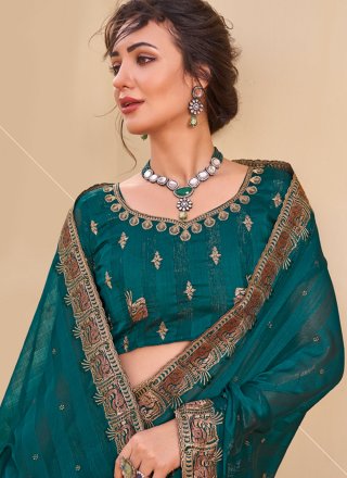 Embroidered and Swarovski Work Art Silk Contemporary Saree In Teal for Ceremonial